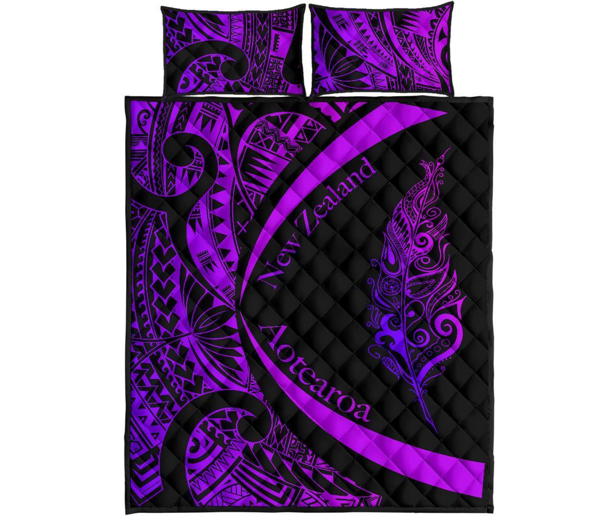 Light Silver Fern Maori Quilt Bed Set Circle Style, Purple - Polynesian Pride