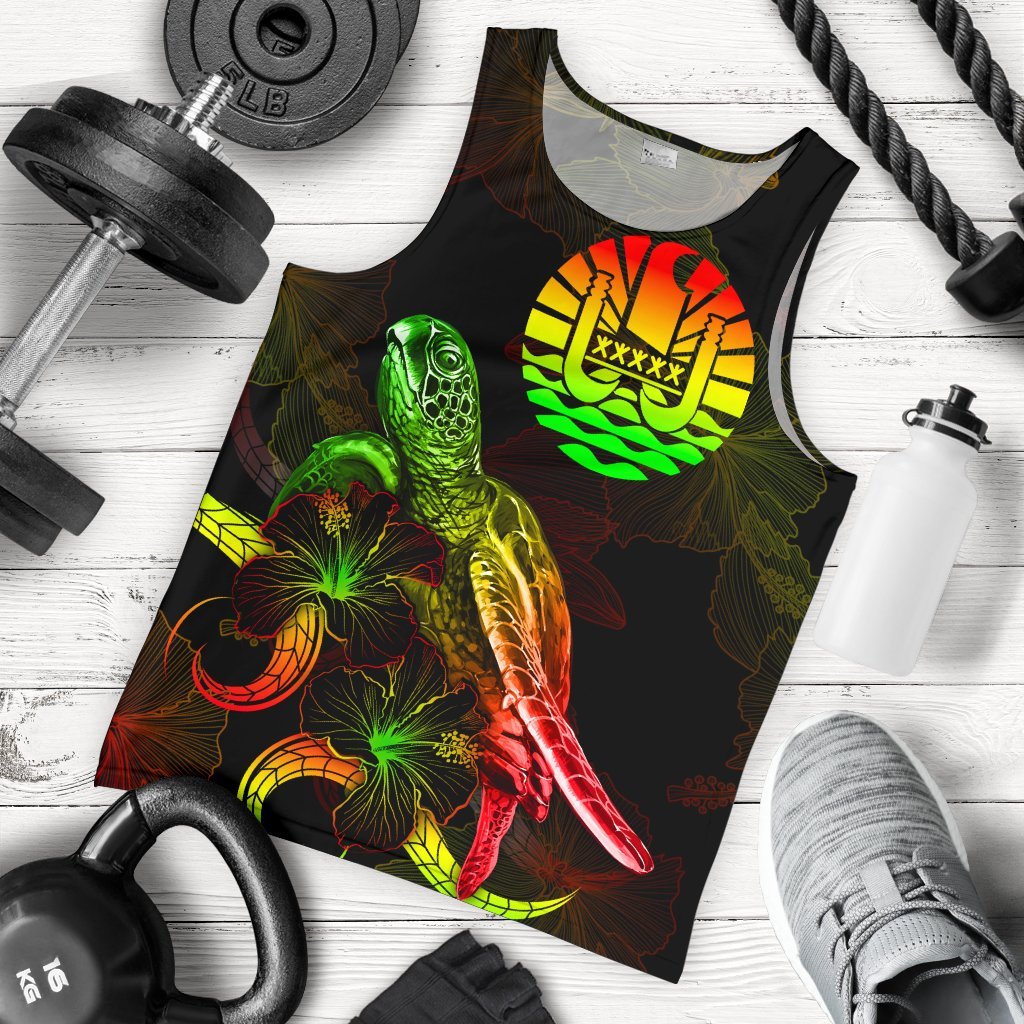 Tahiti Polynesian Men Tank Top - Turtle With Blooming Hibiscus Reggae Reggae - Polynesian Pride