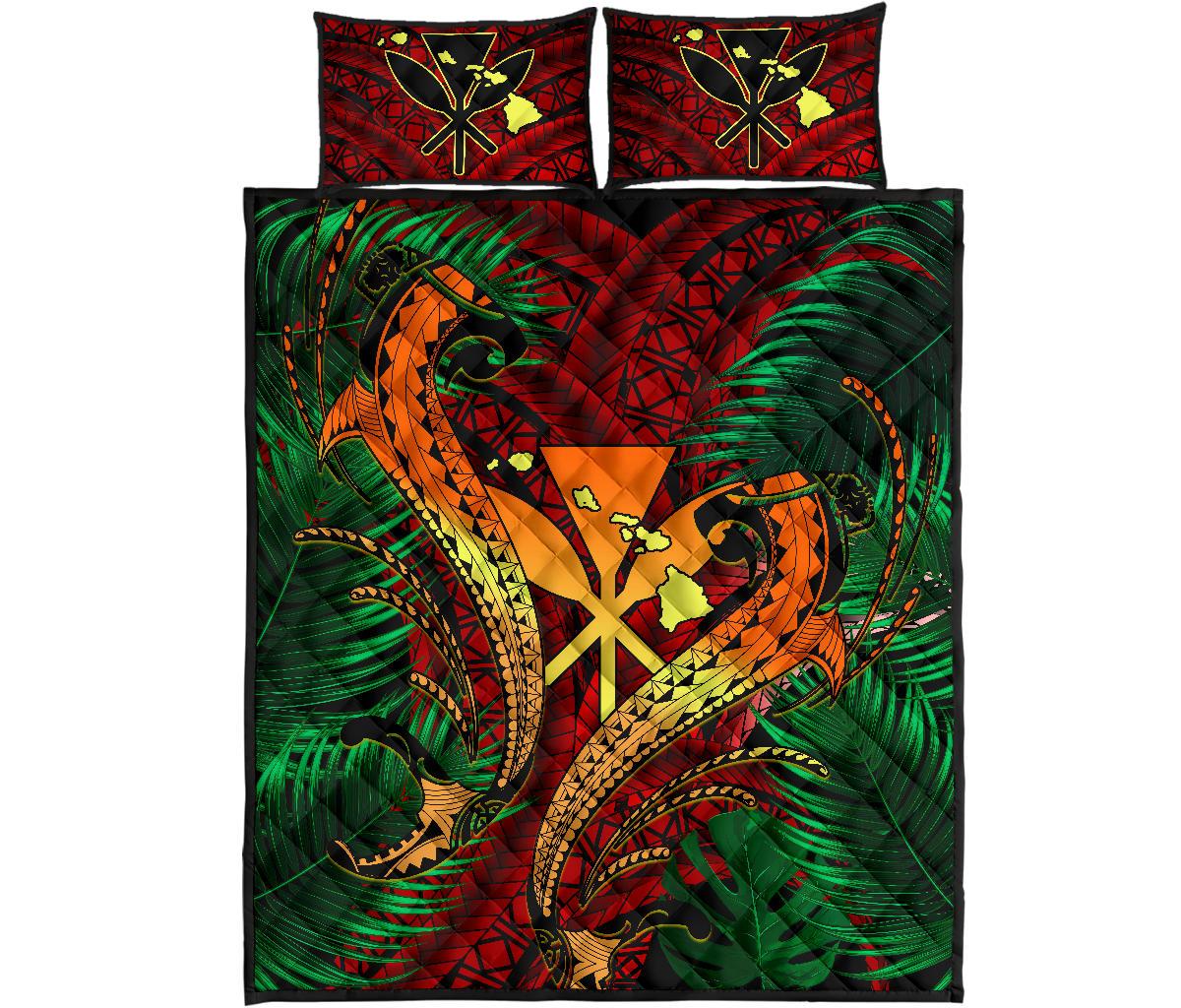 Hawaii Shark Polynesian Tropical Quilt Bed Set - Red Red - Polynesian Pride