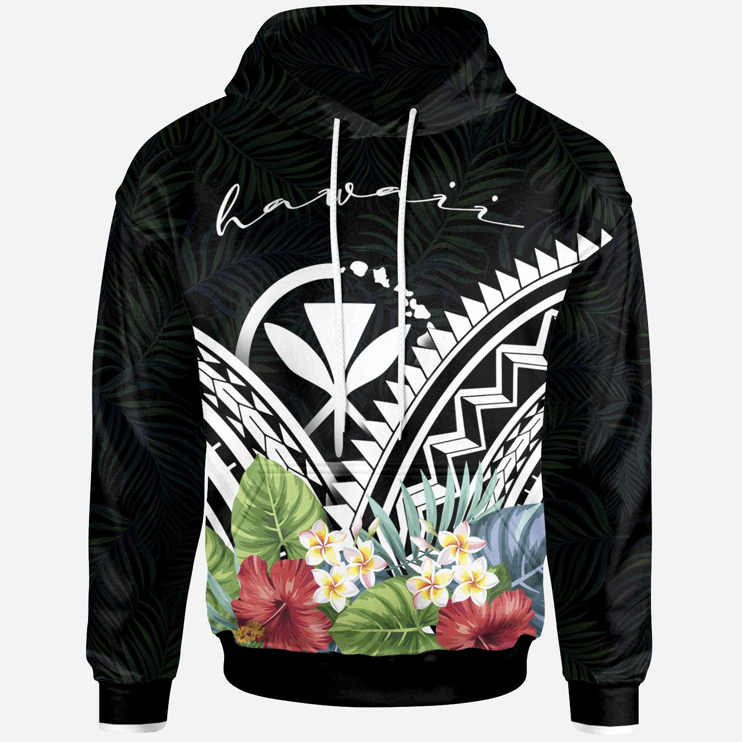 Hawaii Hoodie Coat of Arms & Polynesian Tropical Flowers White Unisex White - Polynesian Pride