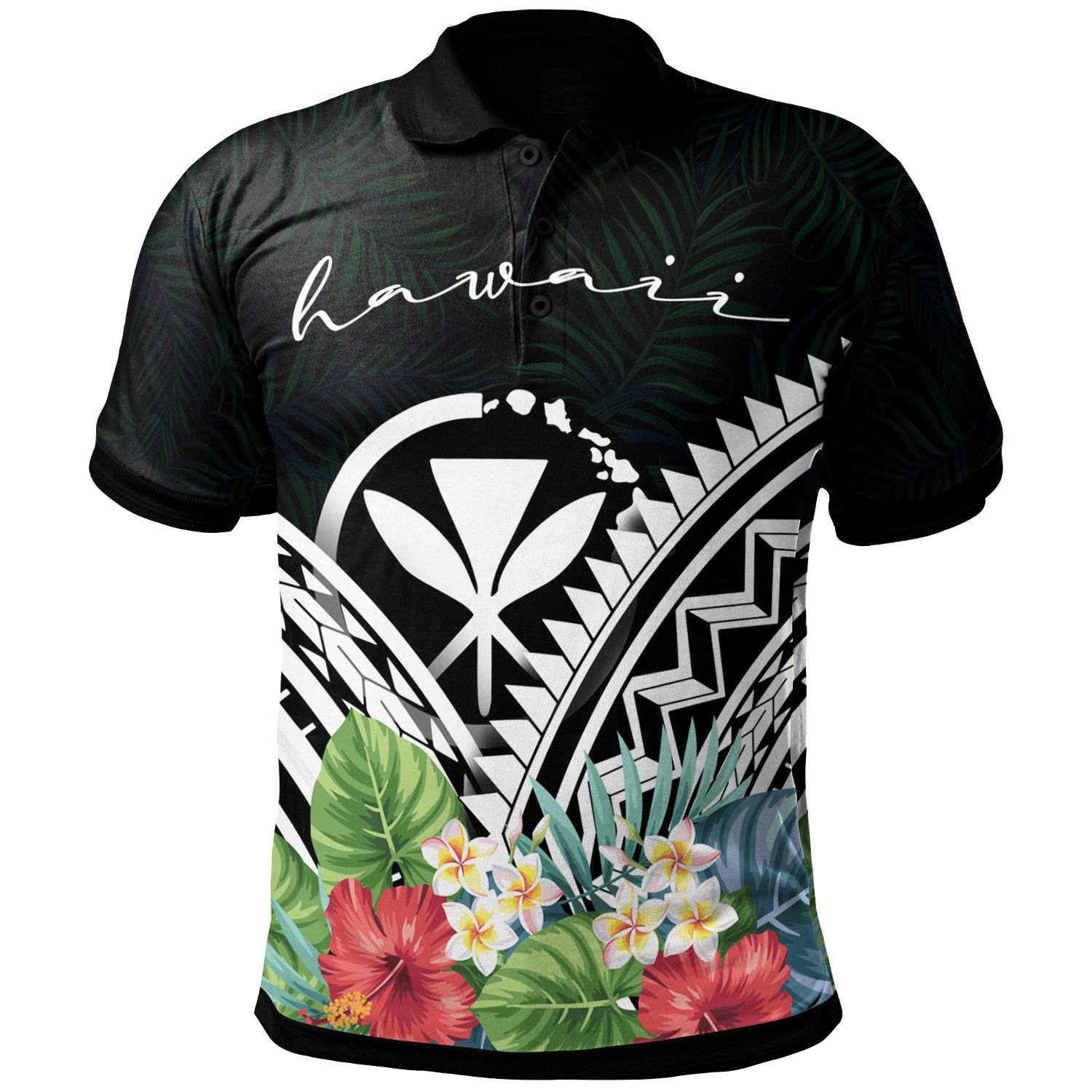 Hawaii Polo Shirt Hawai Coat of Arms and Polynesian Tropical Flowers White Unisex White - Polynesian Pride