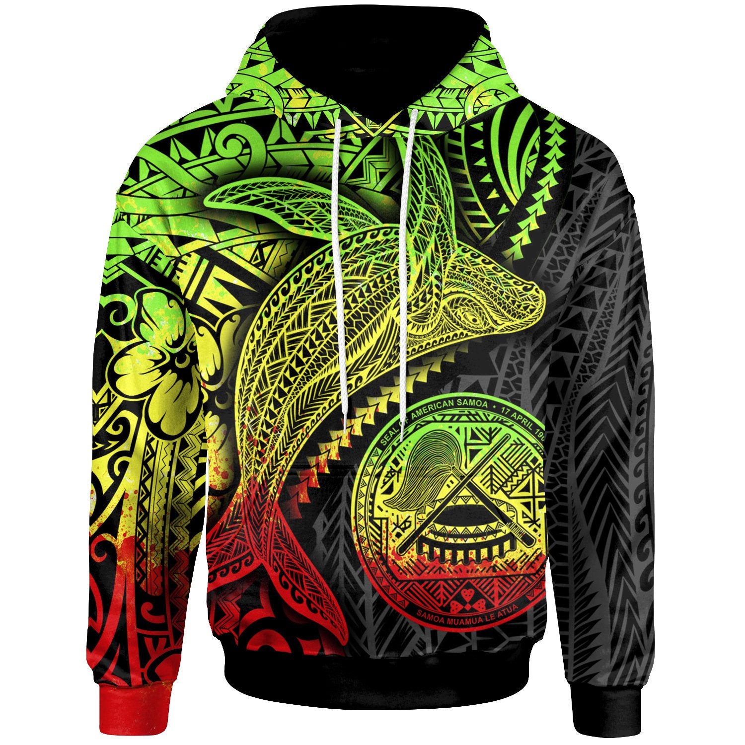 American Samoa Hoodie Humpback Whale & Coat of Arms Reggae Unisex Reggae - Polynesian Pride