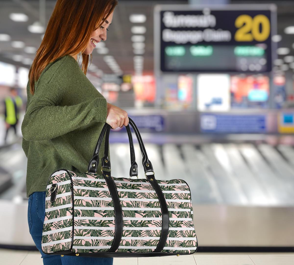 Hawaii Tropical Dark Green Leaves Seamless Pattern White Stripes Pink Background Hawaii Travel Bag - Polynesian Pride
