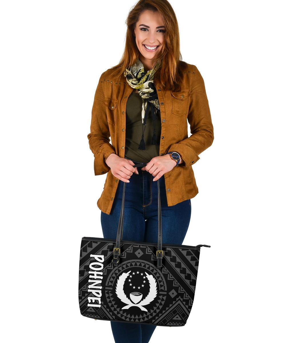 Pohnpei Leather Tote Bag - Pohnpei Seal With Polynesian Tattoo Style ( Black) - Polynesian Pride