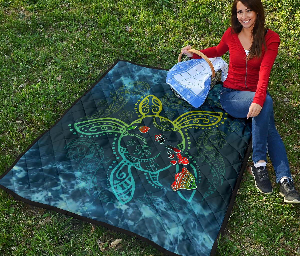 Hawaii Quilt - Hawaii Turtle Map Plumeria - Polynesian Pride