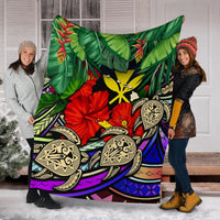 Kanaka Maoli (Hawaiian) Premium Blanket - Polynesian Turtle Colorful And Hibiscus - Polynesian Pride