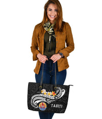 Tahiti Leather Tote Bag - Tahiti Seal Polynesian Patterns Plumeria (Black) - Polynesian Pride
