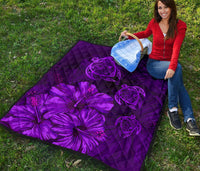 Hawaiian Map Hibiscus Turtle Vintage Polynesian Premium Quilt Purple - Polynesian Pride