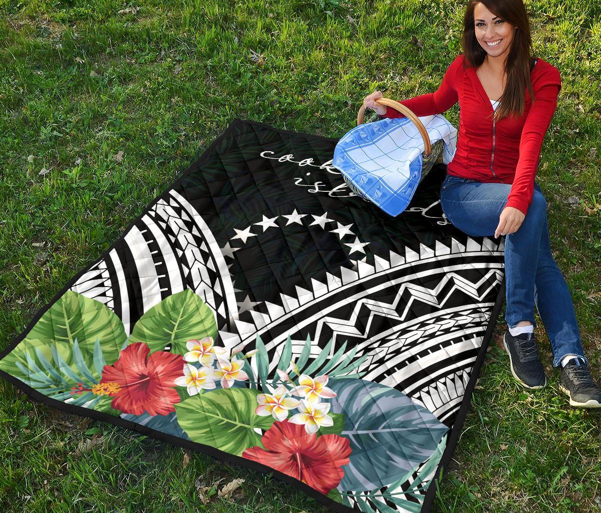 Cook Islands Premium Quilt - Cook Islands Coat of Arms & Polynesian Tropical Flowers White - Polynesian Pride