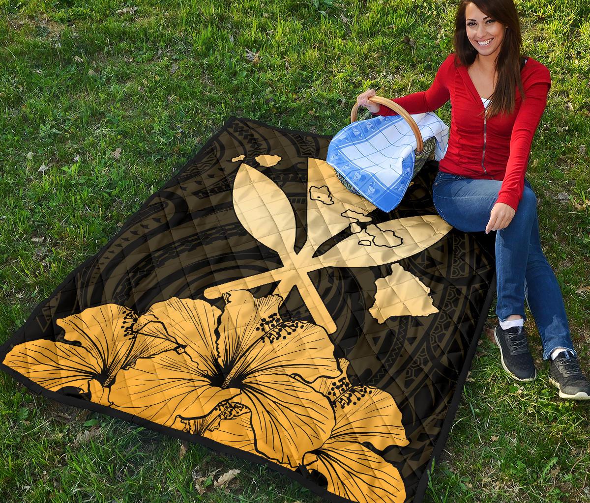 Hawaiian Kanaka Premium Quilt Hibiscus Polynesian Love Gold - Polynesian Pride