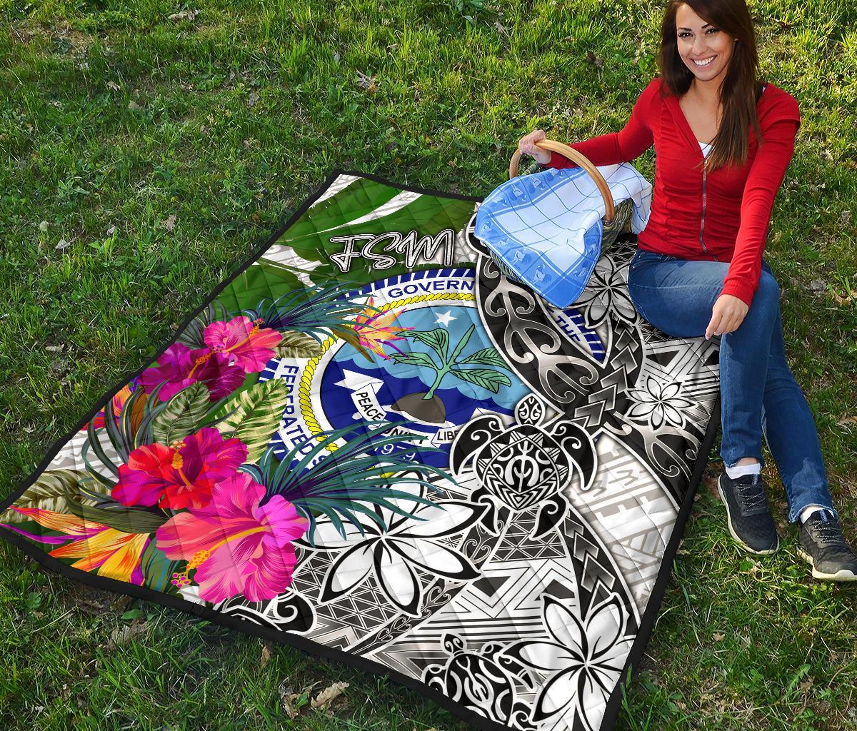 Federated States of Micronesia Premium Quilt White - Turtle Plumeria Banana Leaf - Polynesian Pride