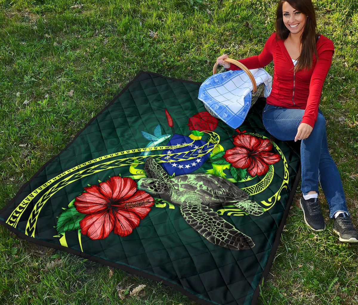 Cook Islands Polynesian Premium Quilt - Green Turtle Hibiscus - Polynesian Pride