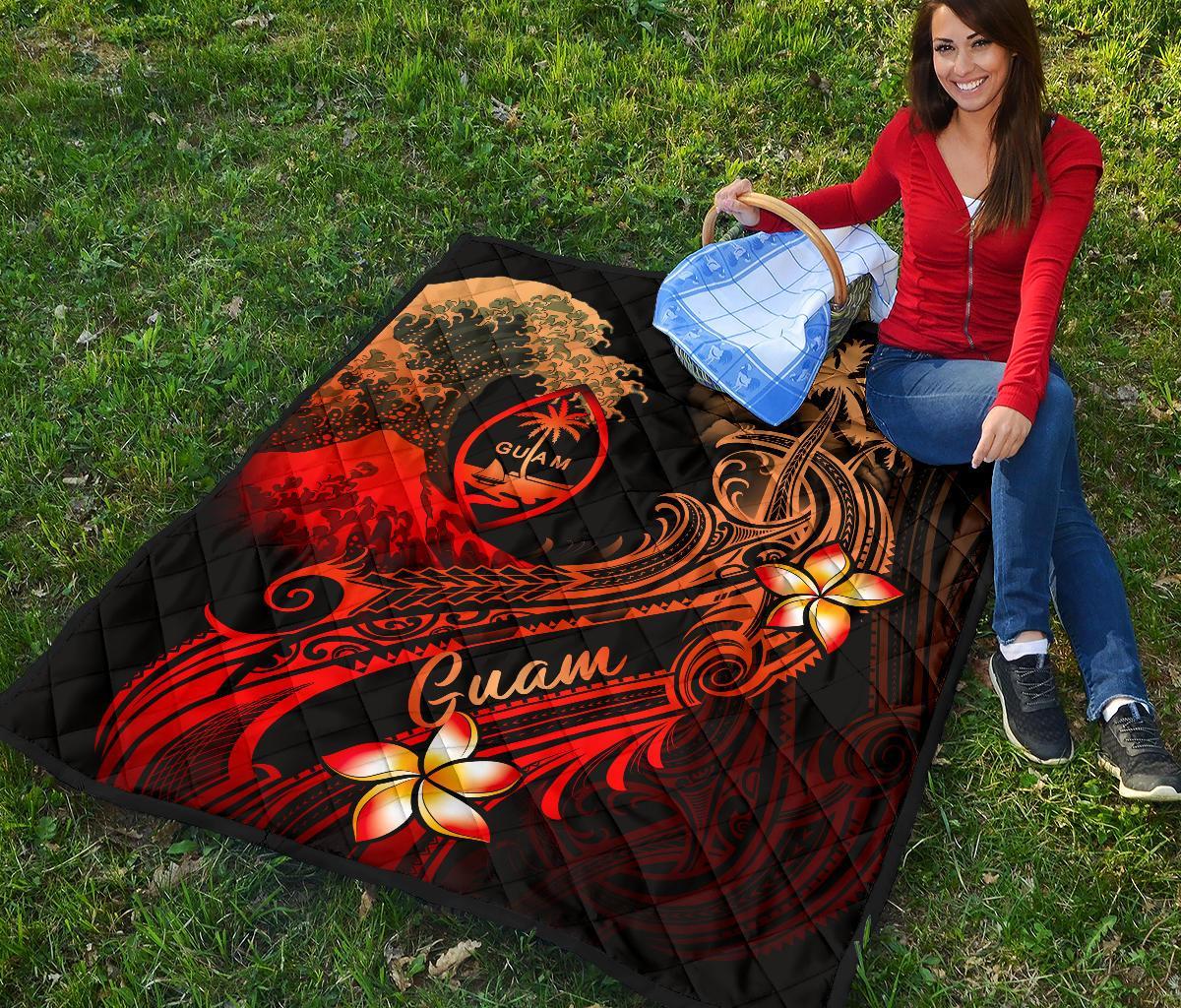 Guam Polynesian Premium Quilt - Plumeria Flowers And Waves - Polynesian Pride