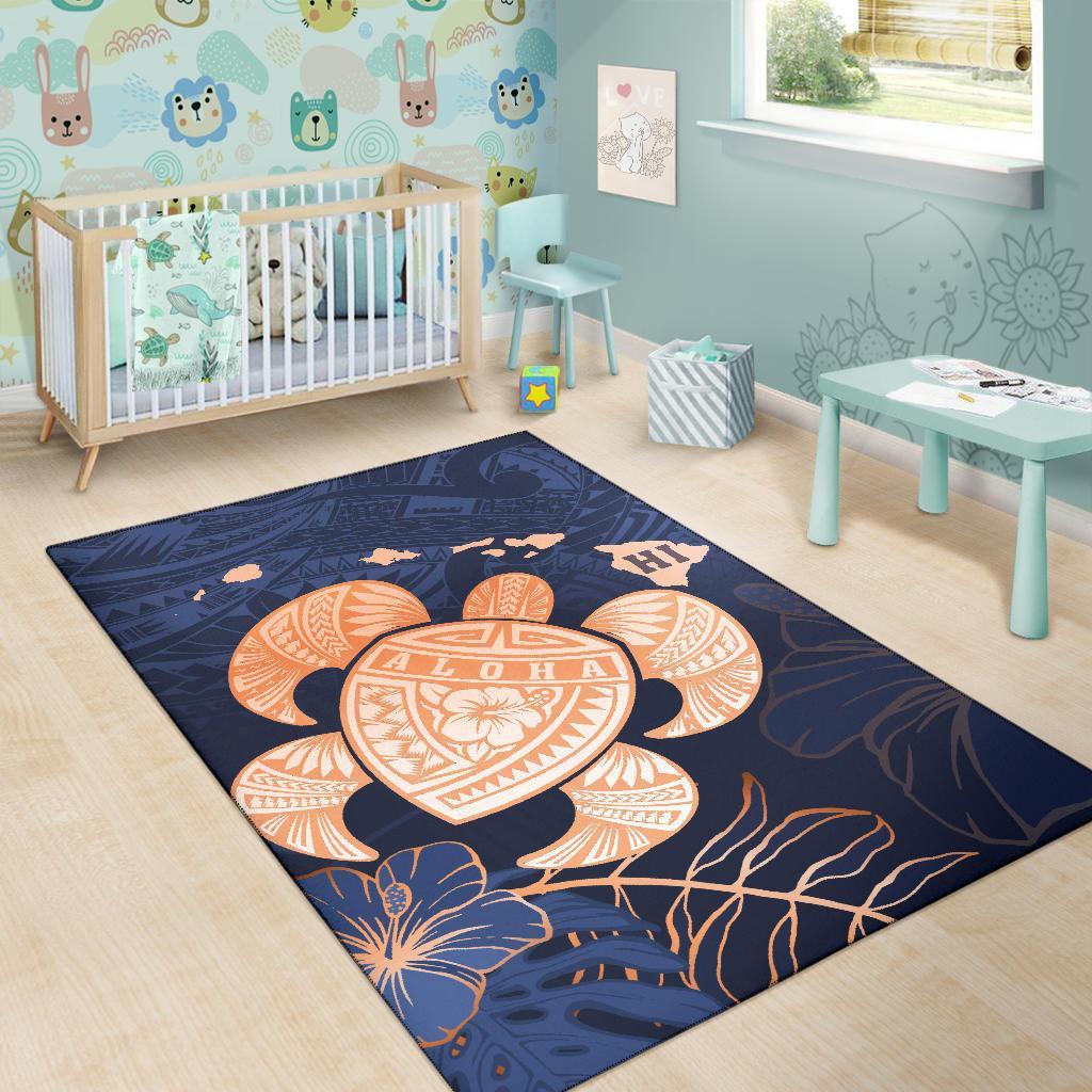Hawaiian Map Hibiscus Turtle Polynesian Indigo Luxury - Rug - Polynesian Pride
