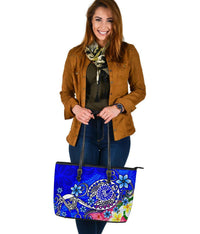 Tahiti Large Leather Tote Bag - Turtle Plumeria (Blue) - Polynesian Pride