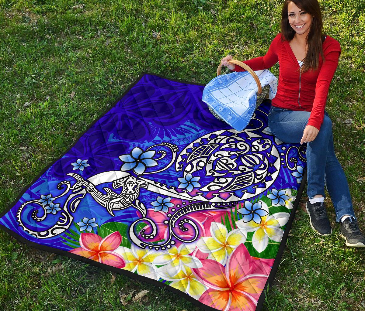 Polynesian Premium Quilt - Turtle Plumeria Blue Color - Polynesian Pride
