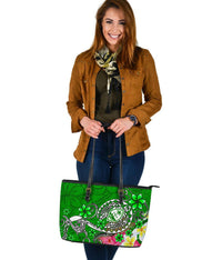 Guam Large Leather Tote Bag - Turtle Plumeria (Green) - Polynesian Pride