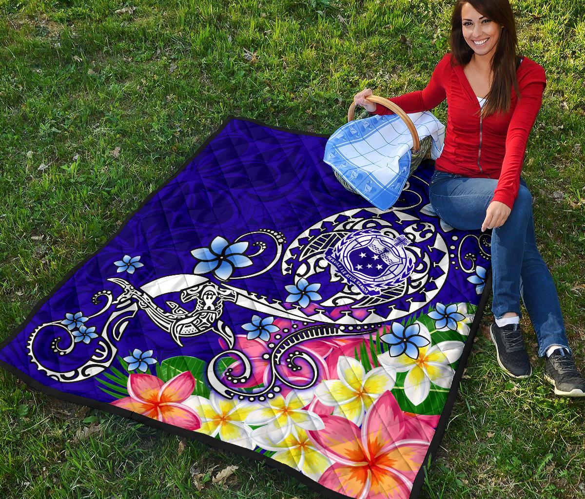 Samoa Premium Quilt - Turtle Plumeria (Blue) - Polynesian Pride