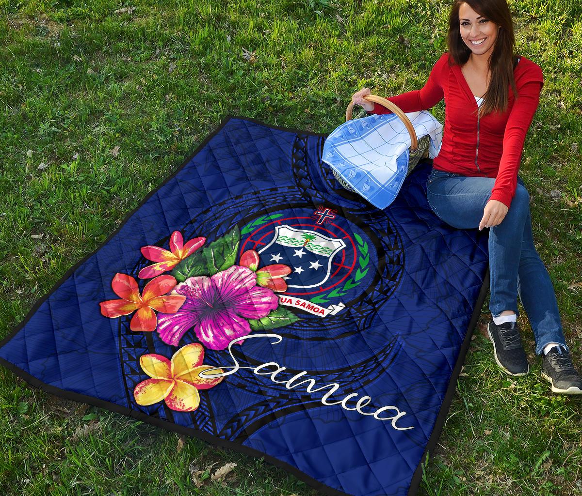 Samoa Polynesian Premium Quilt - Floral With Seal Blue - Polynesian Pride
