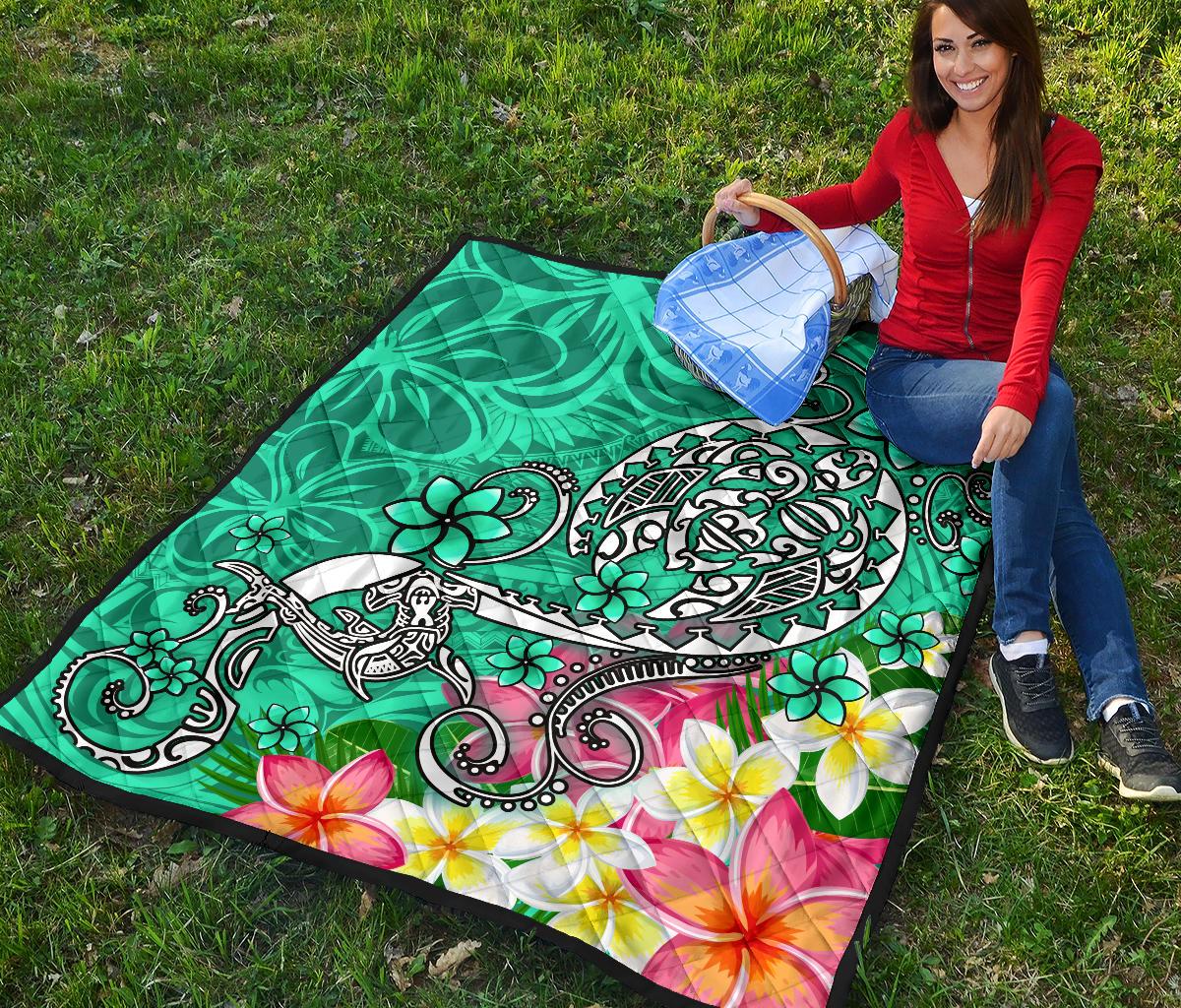Polynesian Premium Quilt - Turtle Plumeria Turquoise Color - Polynesian Pride