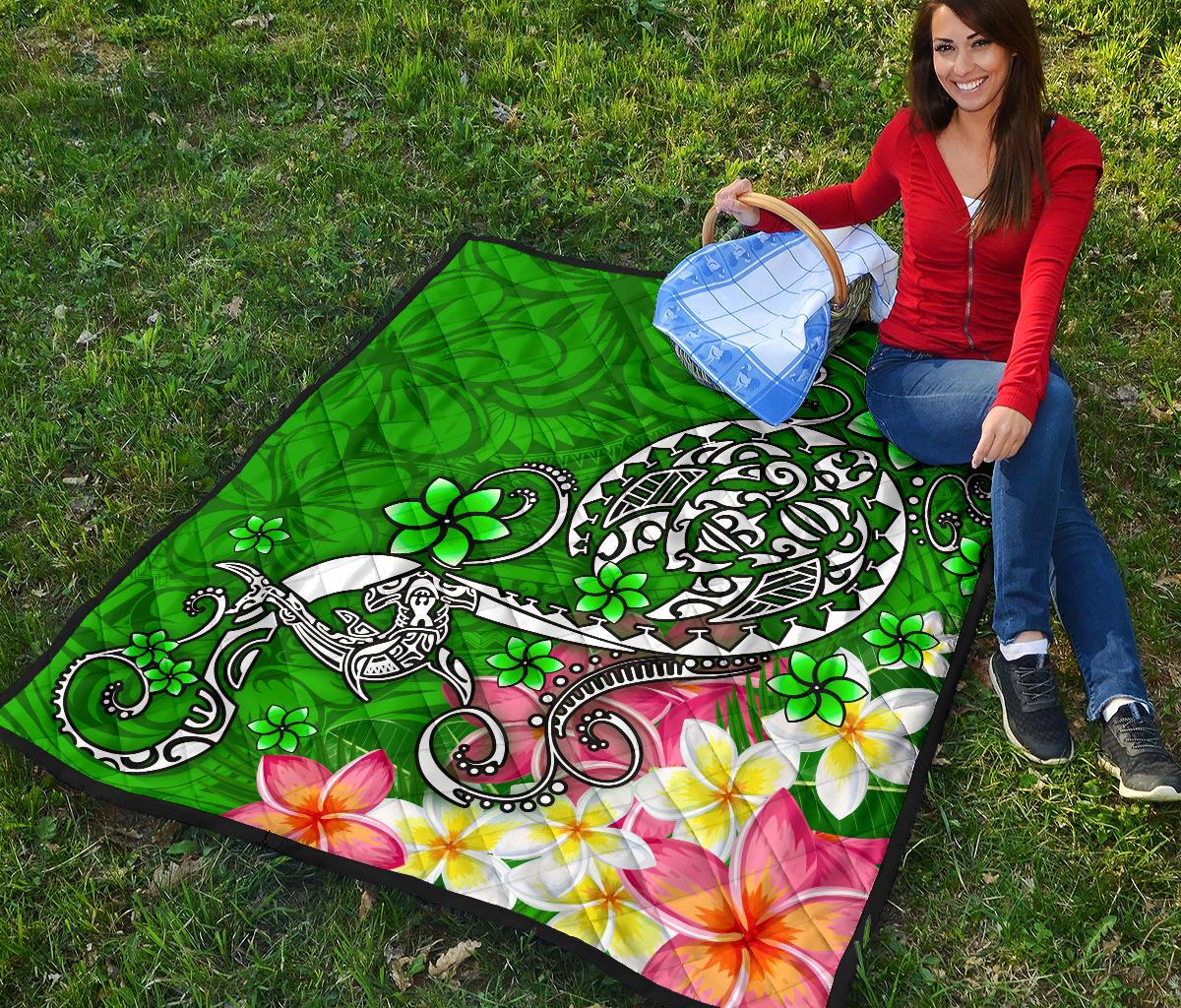 Polynesian Premium Quilt - Turtle Plumeria Green Color - Polynesian Pride