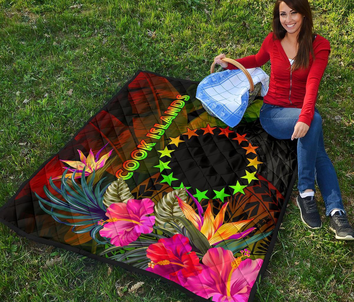 Cook Islands Polynesian Premium Quilt - Hibiscus and Banana Leaves - Polynesian Pride