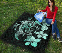 Hibiscus Plumeria Mix Polynesian Turquoise Turtle Premium Quilt - Polynesian Pride