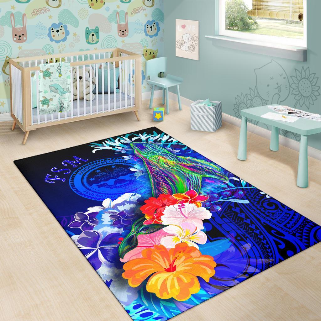Federated States of Micronesia Area Rug - Humpback Whale with Tropical Flowers (Blue) - Polynesian Pride