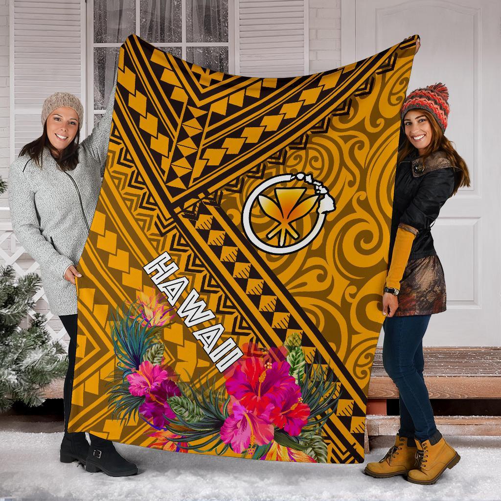 Hawaii Premium Blanket - Kanaka Maoli With Hibiscus On Polynesian Patterns (YELLOW) - Polynesian Pride