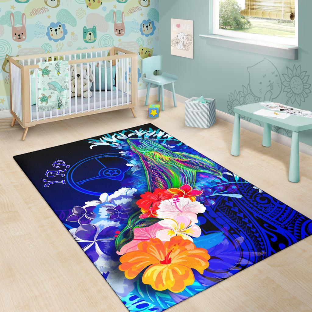 Yap Area Rug - Humpback Whale with Tropical Flowers (Blue) - Polynesian Pride