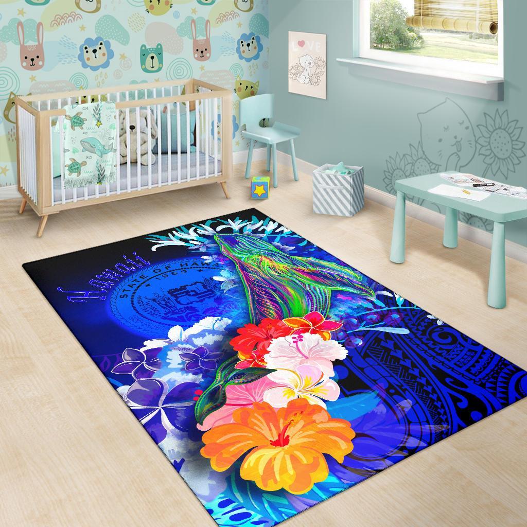 Polynesian Hawaii Area Rug - Humpback Whale with Tropical Flowers (Blue) - Polynesian Pride