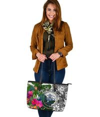 Palau Custom Personalised Large Leather Tote White - Turtle Plumeria Banana Leaf Crest - Polynesian Pride