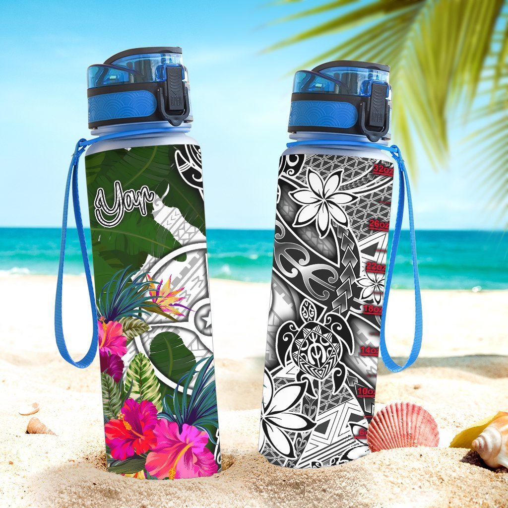 Yap Hydro Tracking Bottle White - Turtle Plumeria Banana Leaf - Polynesian Pride
