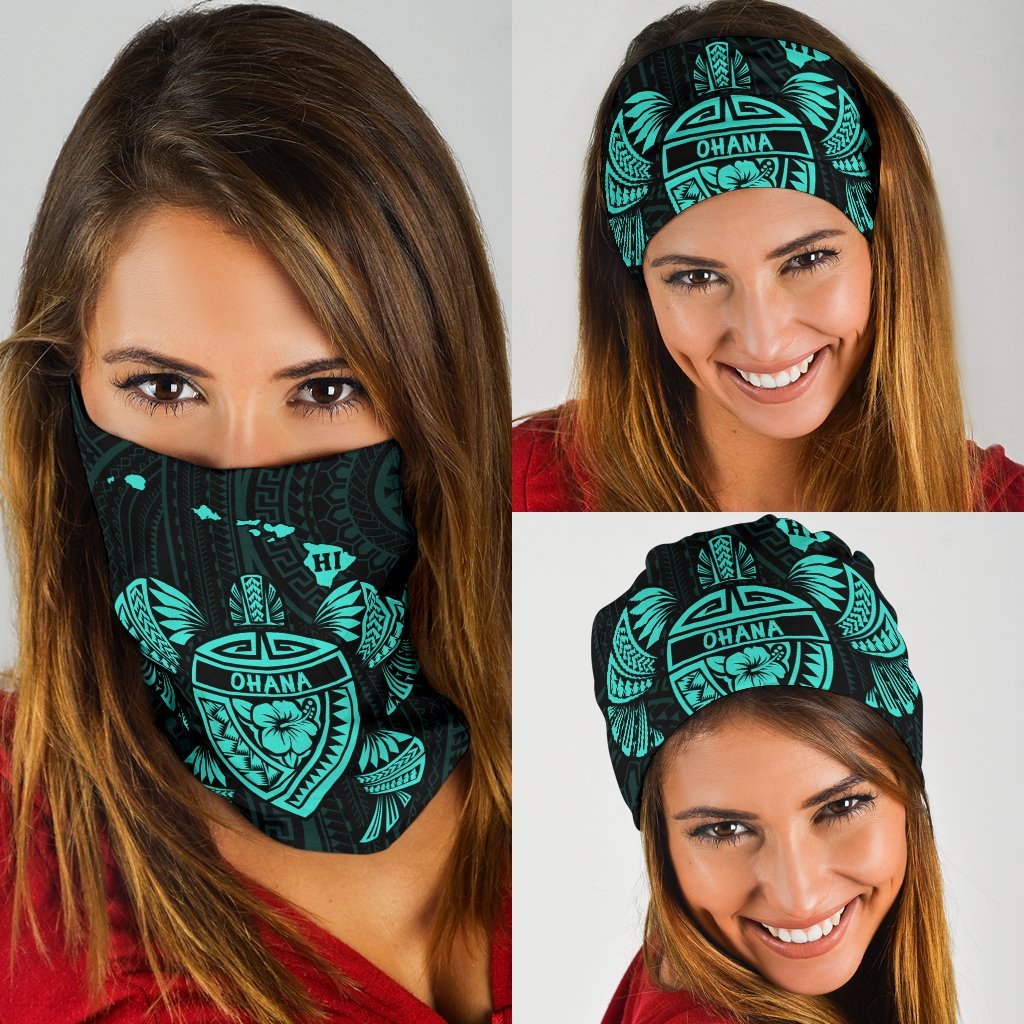 Hawaii Map Turtle Ohana Hibiscus Kakau Polynesian Bandana 3 - Pack - Turquoise One Size Turquoise - Polynesian Pride