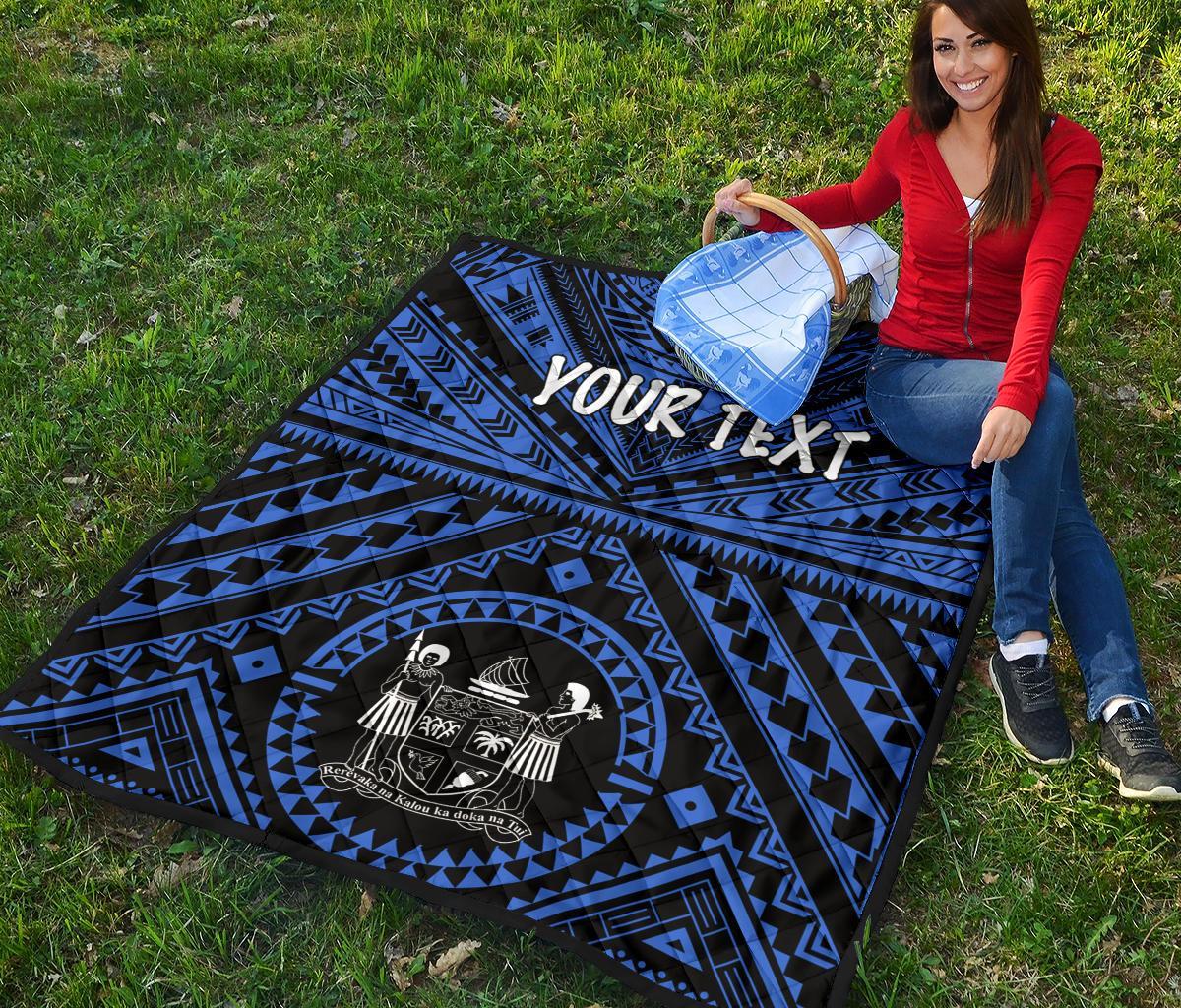 Fiji Personalised Premium Quilt - Fiji Seal With Polynesian Tattoo Style ( Blue) - Polynesian Pride