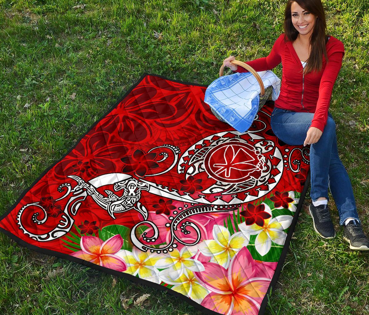 Hawaii Premium Quilt - Turtle Plumeria Polynesian Tattoo Red Color - Polynesian Pride