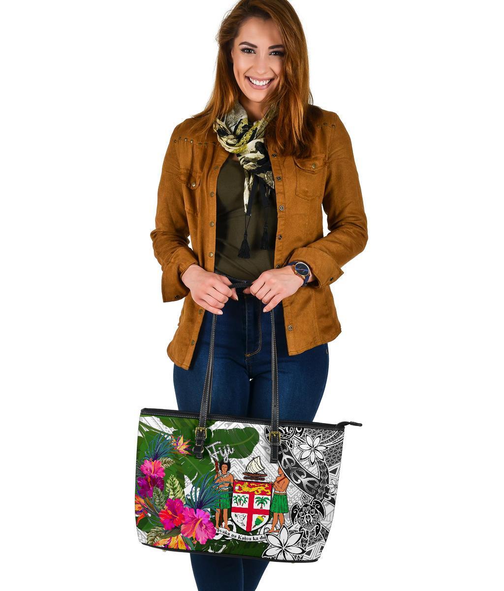 Fiji Large Leather Tote Bag White - Turtle Plumeria Banana Leaf Crest - Polynesian Pride