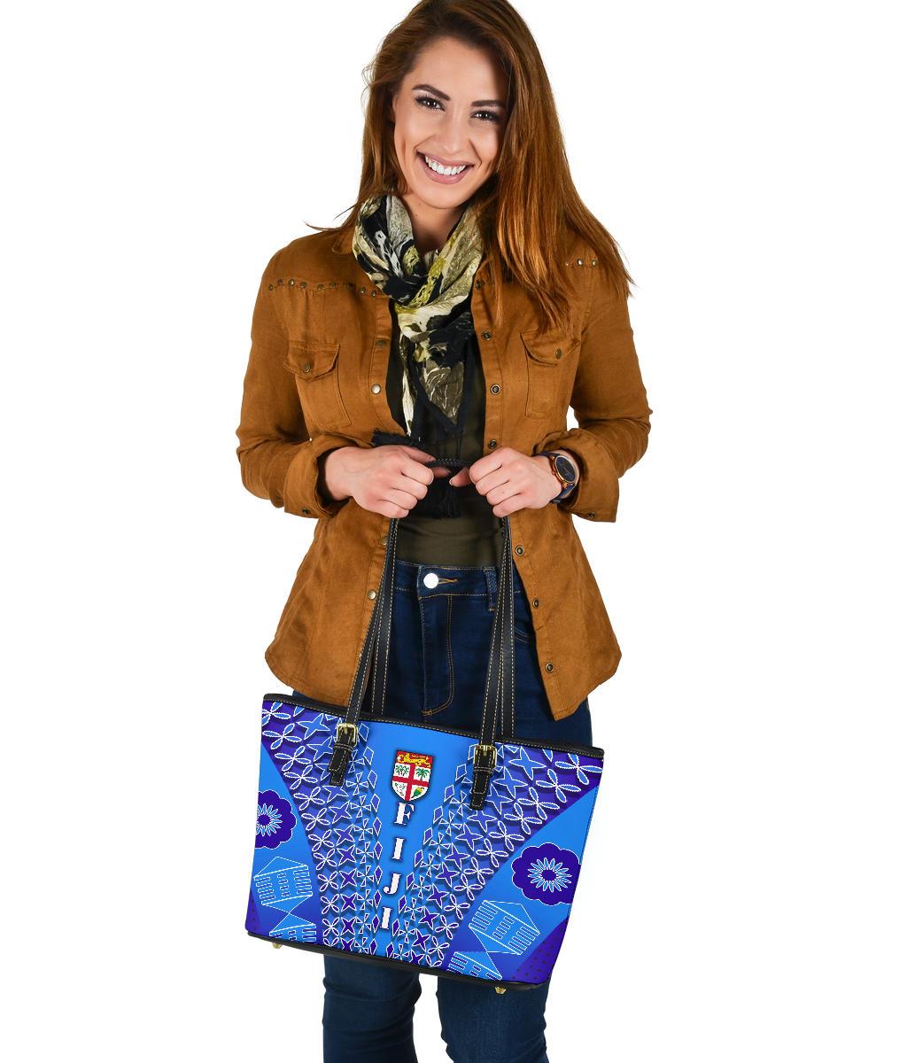 Fiji Drua Small Leather Tote Tapa - Polynesian Pride