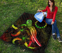 Cook Islands Polynesian Premium Quilt - Turtle With Blooming Hibiscus Reggae - Polynesian Pride