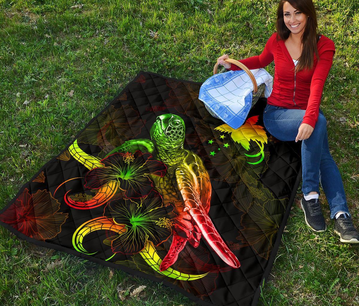 Papua New Guinea Polynesian Premium Quilt - Turtle With Blooming Hibiscus Reggae - Polynesian Pride