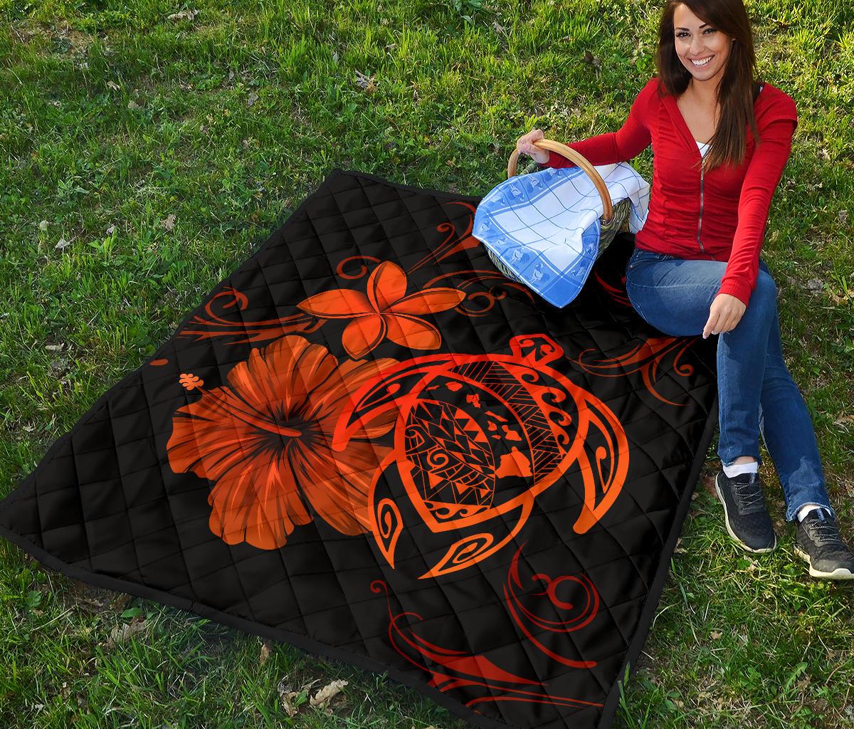 Hawaii Turtle Hibiscus Premium Quilt Orange - Polynesian Pride