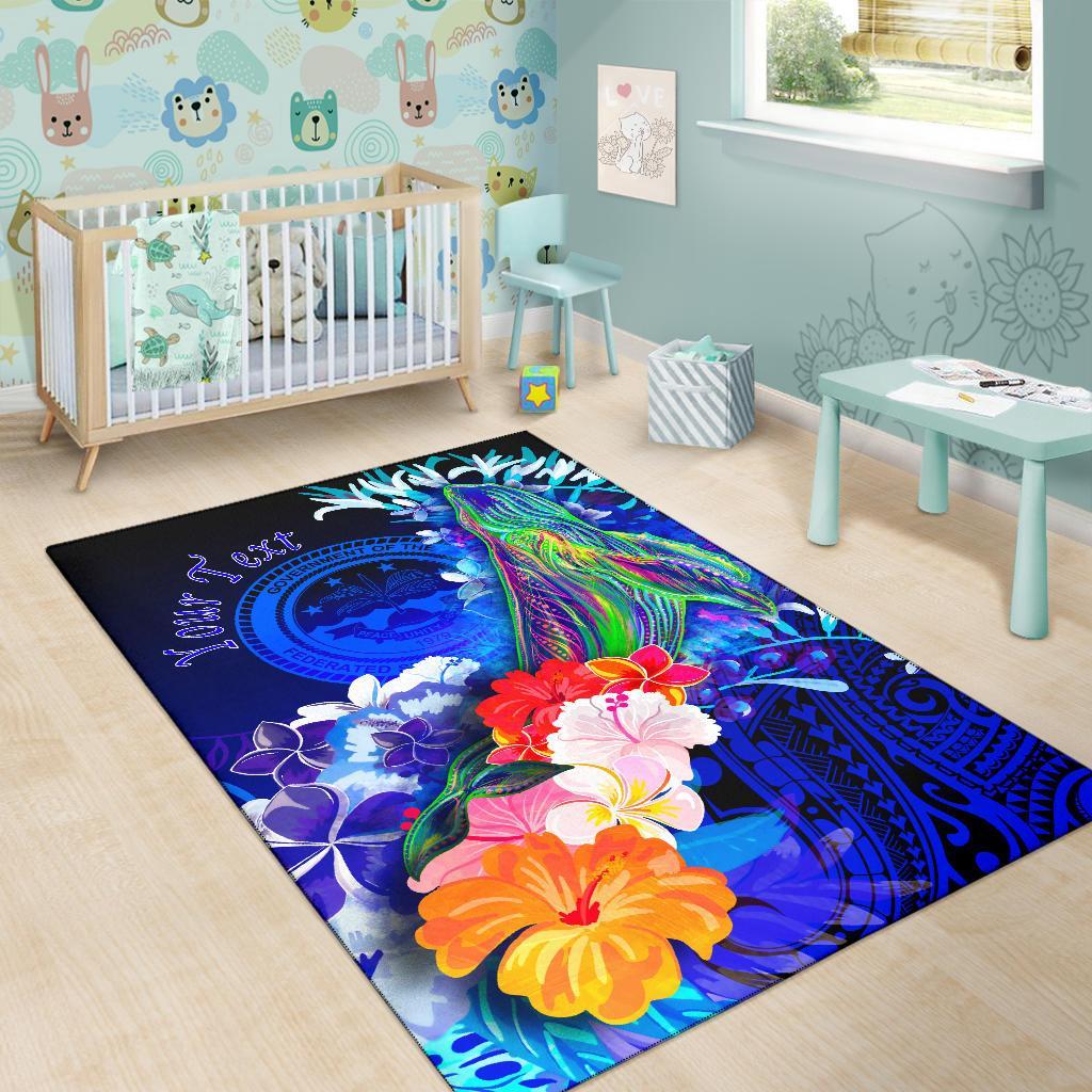 Federated States of Micronesia Custom Personalised Area Rug - Humpback Whale with Tropical Flowers (Blue) - Polynesian Pride