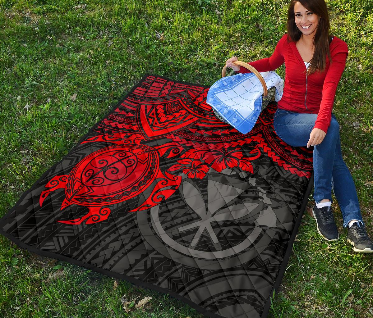 Hawaii Polynesian Premium Quilt - Kanaka Maoli & Red Turtle Hibiscus - Polynesian Pride
