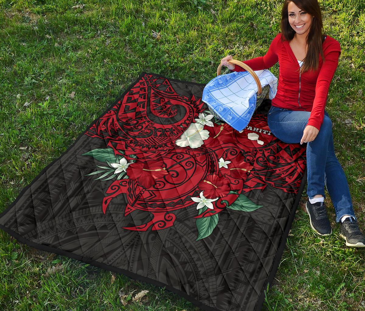 Tahiti Polynesian Premium Quilt - Hibiscus and Sea Turtle (Red) - Polynesian Pride
