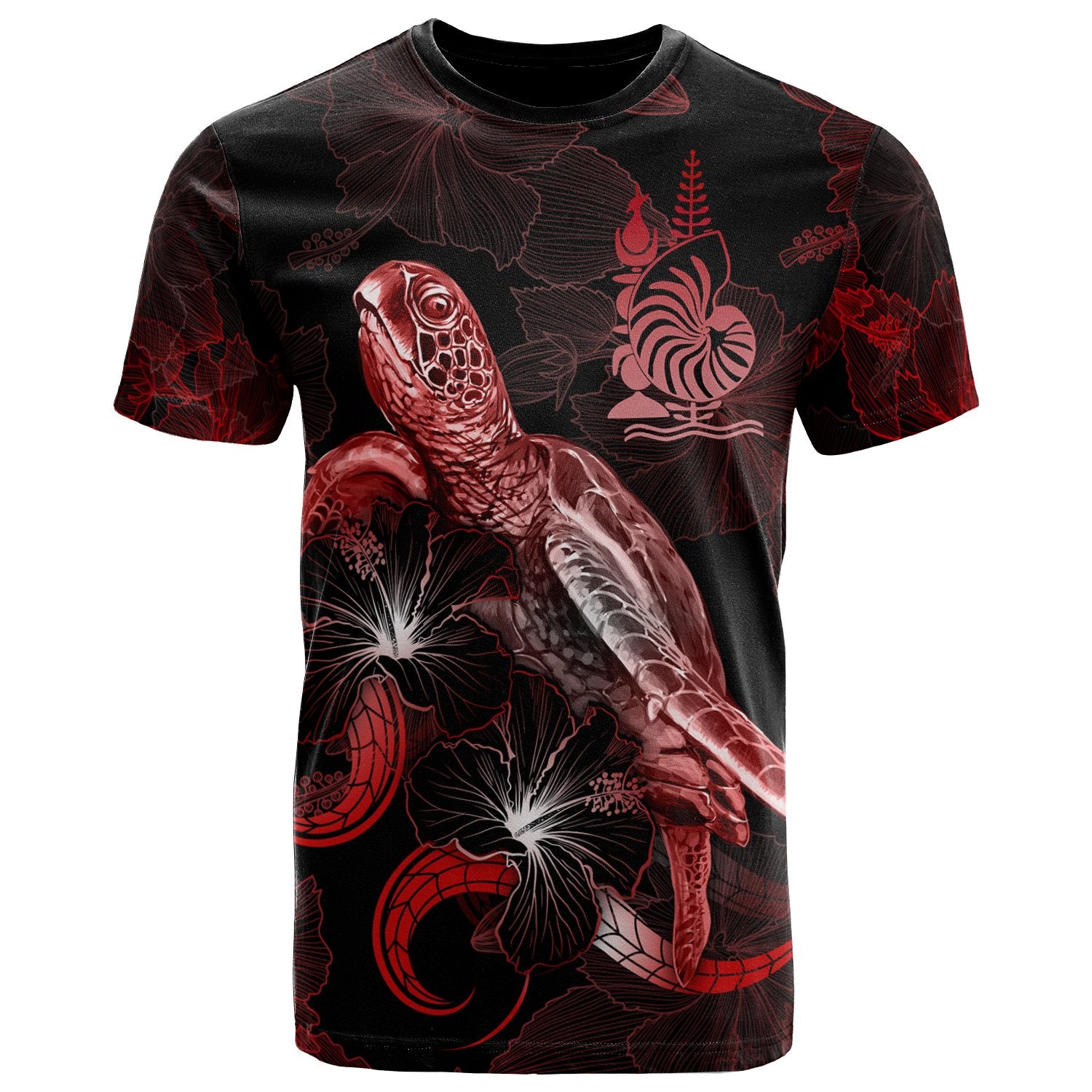 New Caledonia Polynesian T Shirt Turtle With Blooming Hibiscus Red Unisex Red - Polynesian Pride