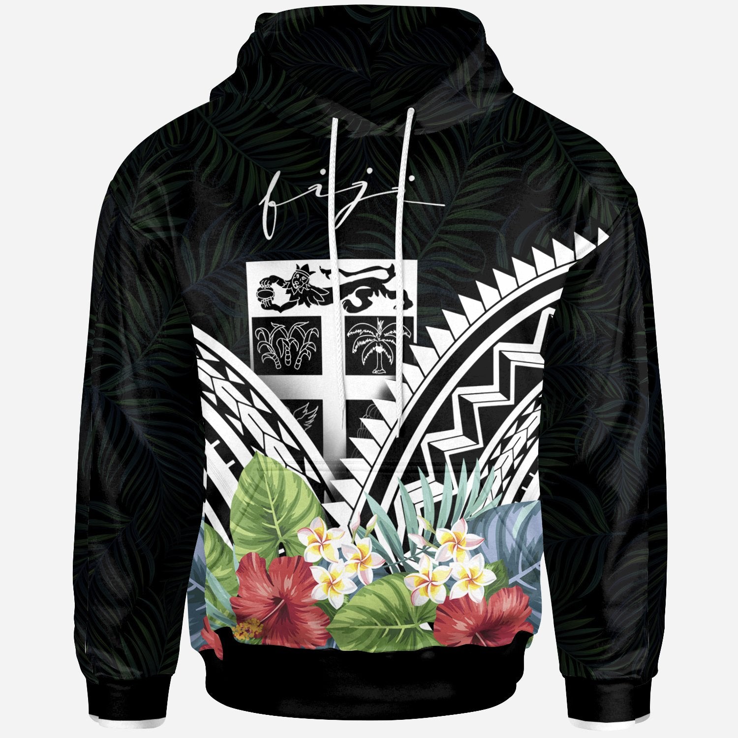 Fiji Hoodie Fiji Coat of Arms & Polynesian Tropical Flowers White Unisex White - Polynesian Pride