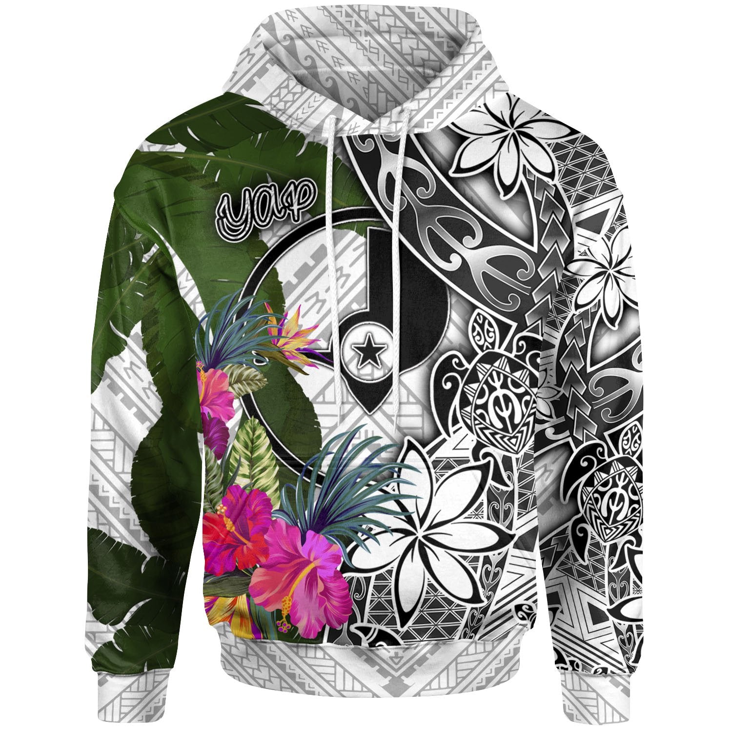 Yap Hoodie White Turtle Plumeria Banana Leaf Unisex White - Polynesian Pride