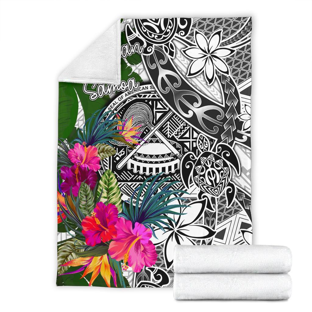 American Samoa Premium Blanket White - Turtle Plumeria Banana Leaf - Polynesian Pride