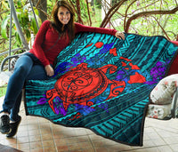 Hawaii Polynesian Premium Quilt - Hawaii Red Turtle Map & Purple Hibiscus - Polynesian Pride