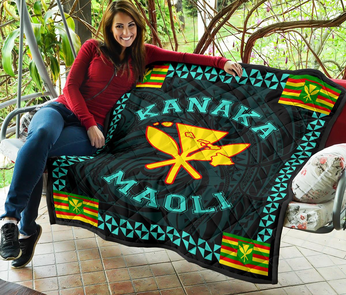 Kanaka Maoli Flag Polynesian Premium Quilt Turquoise - Love Style - Polynesian Pride